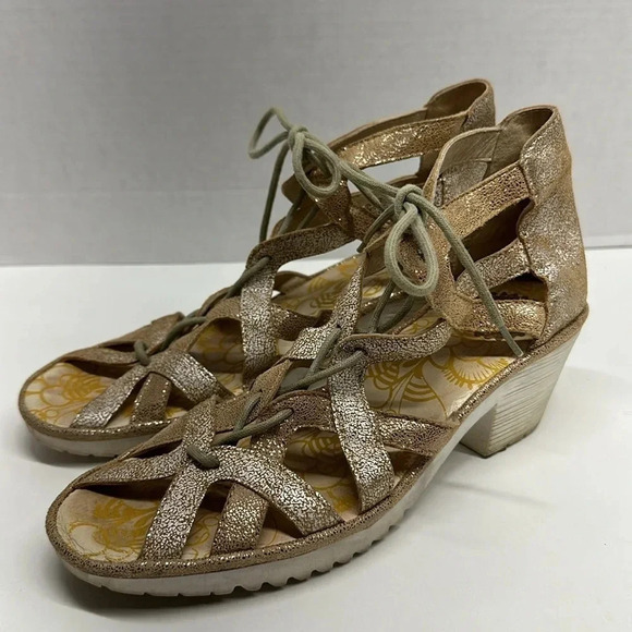 Fly London Want Sandals Heeled Lace Up High Heels Metallic Gold Size 40 9 9.5 - Picture 1 of 10